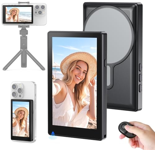 Monitor de teléfono para vlog y selfie, Axrye 1080P inalámbrico con cámara trasera de fijación magnética, altavoz incorporado y control remoto compatible con iOS, Android, YouTube, TikTok