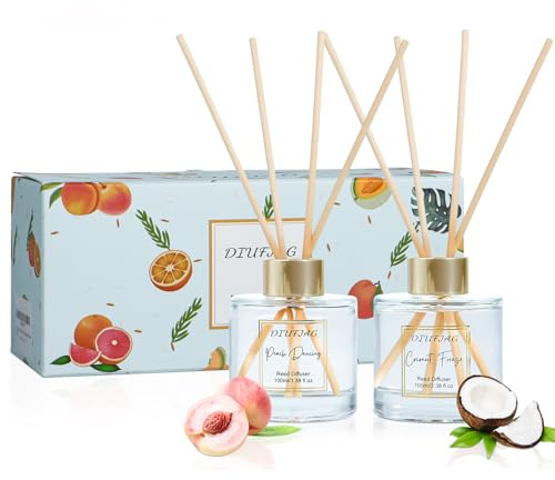 DIUFJAG Raumduft 2x100ml Kokosnuss & Pfirsich mit 10 Duftstäbchen Reed Diffuser, Lufterfrischer Deko für Schlafzimmer Büro Badezimmer