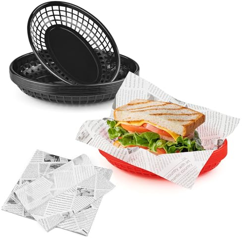 JJWNMLL Canastas de alimentos + hojas de papel a prueba de grasa (25 x 25 cm), papel ecológico a prueba de aceite, cesta de frutas ovalada de plástico reutilizable, para bandeja de aperitivos de cine
