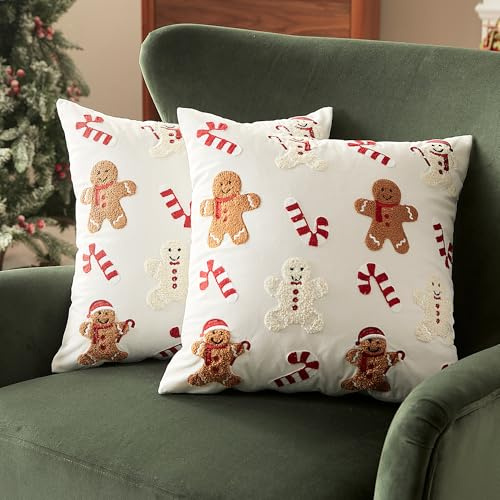 Sonive 2 Stück Weihnachten Kissenbezüge 45x45cm, Lebkuchen & Bonbonkrücke | Dekokissen Weiche Kissenhülle für Sofa Deko Weihnachten Feiertag Dekoration