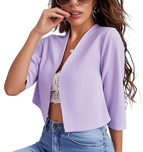 Blazer Donna Blazer Corto da Donna con Maniche A 3/4 Leggero Aperto sul Davanti Cardigan Giacca da Lavoro Casual Senza Colletto Elegante da Ufficio Top Coprispalle Capospalla