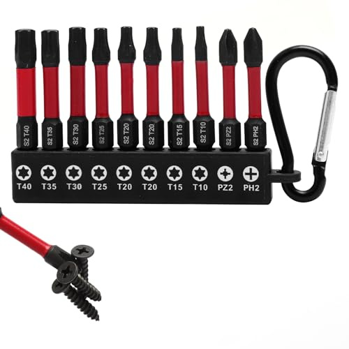 Ensemble de Bits Antidérapants 10 pièces,Embouts magnétiques en acier S2 Torx T40/T35/T30/T25/T20/T15/T10 ainsi que P72 et PH2, Étui rouge avec mousqueton, idéal pour tournevis triangle et perceuses