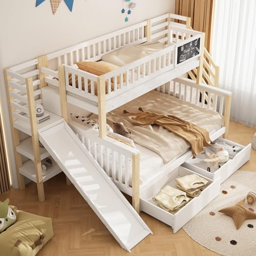 Merax Etagenbett 140x200 & 90x200 cm, Kinderbett mit Rutsche, Treppe, Multifunktionsbett mit Tafel, Kiefernholz, platzsparend, weiß (ohne Matratze)