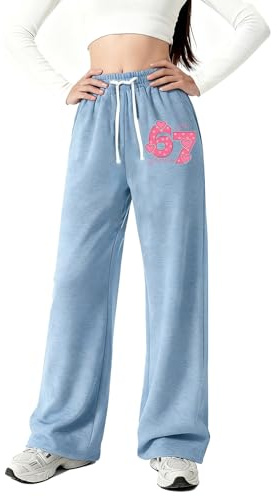 Flickor joggingbyxor med elastiskt 67 tryck, linning, lös passform, hög midja, dragsko, sport, joggingbyxor, ledig, komfort för barn, tonåringar, A- Blå, 140
