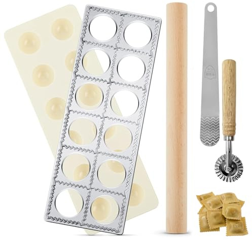 VELAJA Ravioli-Maker Set, 12-fach Ravioli-Former aus Aluminium mit Teigrad-Schneider und Holz-Nudelholz, Komplettes 5-teiliges Pasta-Werkzeug-Set für Ravioli, Teigtaschen und Kekse