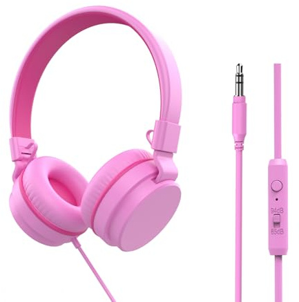 YOYOTUNE Kids Headphones,On-Ear Wired Headphones for Kids with Mic,85/94dB Volume Limiter Headphone for Girls Boys Children,3.5mm Wired Cord Foldable Headphone for Learning&Entertainment (Pink)