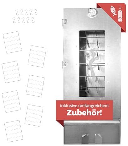 Lemodo Räucherofen 110 cm Edelstahl, Räucherschrank für Fisch, Fleisch & Käse – mit Sichtfenster, Thermometer, Fischkörben, Abtropfwanne und Zubehör zum Kalt- und Heißräuchern (Smoker 110cm Edelstahl)