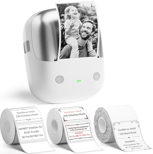 NIIMBOT B2 Pro Etikettendrucker mit 3 Rollen Etiketten Selbstklebend | 300DPI Etikettiergerät Bluetooth Beschriftungsgerät Label Printer für Fotos, Adressetiketten, Preisschilder, Silber