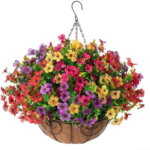 Trurovem 25,4 cm DIY Blumenampel Kit mit künstlichen violetten Blumen, Kokospalmeneinsatz und Metallkette für Zuhause Hochzeit Büro Dekor, für einfache Montage Blumenarrangement Set(A)