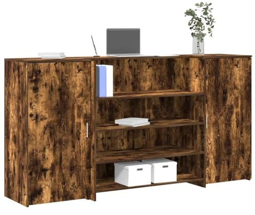 Drillkyn Empfangstheke Räuchereiche Holzwerkstoff 200x50x103,5 cm mit Tresen Beistellschrank Stauraum Büro Arbeitsplatz vielseitig für Homeoffice Arbeitszimmer Organisation
