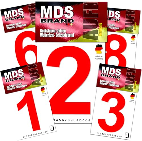 MDS Brand Design 10cm Zahlen Aufkleber Zahlen Aufkleber groß | Selbstklebende Klebezahlen wetterfest für Briefkasten, Mülltonne & Hausnummeren Aufkleber für Außen & Innen Rot (0-9 Pack)