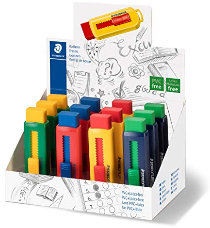 STAEDTLER 525 PS1 S Radierer mit Druckmechanismus 12 Stück farblich sortiert | PVC-frei in Kunststoffhülse, Schiebemechanismus – für Kinder – Art.-Nr. 525 PS1 S
