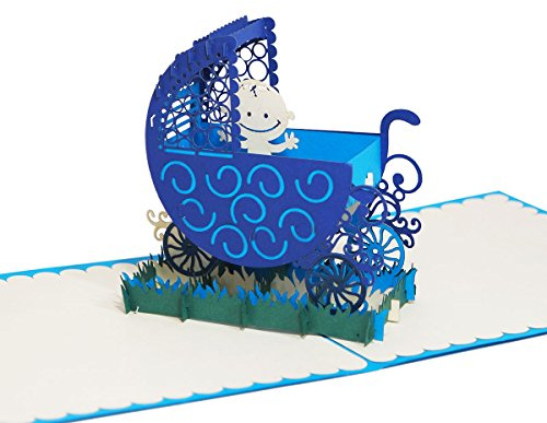 Kinderwagen (Blau) - Klappkarte / 3D Pop-Up Karte - Glückwunschkarte zur Geburt, Grußkarte mit Baby