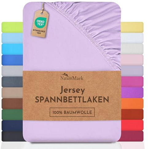 NatureMark Jersey Spannbettlaken, Spannbetttuch 100% Baumwolle in vielen Größen und Farben MARKENQUALITÄT ÖKOTEX Standard 100 | 140 x 200 cm - 160 x 200 cm - Flieder/Lavendel