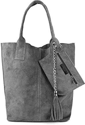 Made IN Italy Damen XXL Leder Tasche + Schmucktasche Handtasche Wildleder Shopper Schultertasche Fransen Umhängetasche Quaste Kette DIN-A4 Hobo Tote Bag Grau
