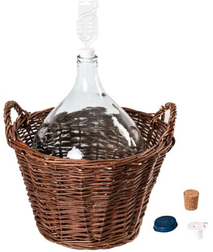 MIKONI Weinballon mit Weidenkorb +Gärröhrchen +Gummistopfen Glasballon Gäreimer Gärballon (Weinballon 25L)