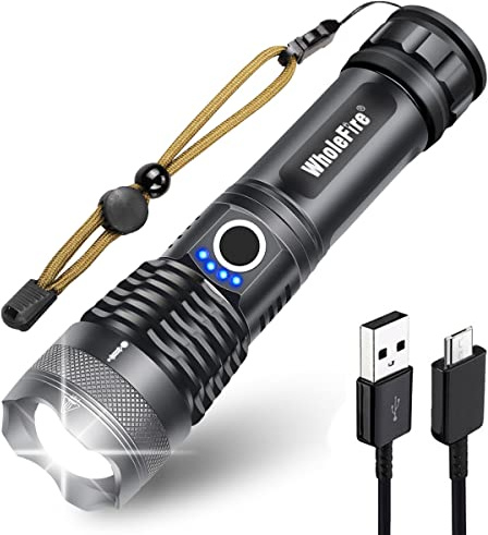 WholeFire Taschenlampe - Extrem Hell 10000 Lumen LED Aufladbar USB Mit 18650 Akku, Zoombar Taktisch IPX65 Wasserdicht, 5 Lichtmodi
