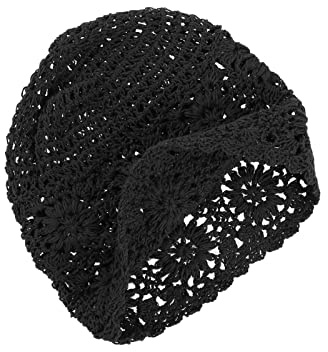 VGOL Beanie Mütze handgefertigt Damen Baumwolle Strick Ausschnitt VintageBlumenmuster gehäkelt Slouchy Skull Cap für 52–58 cm Kopfumfang Frühling Sommer Herbst Schwarz