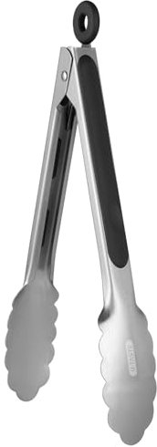 U-Taste Edelstahl-Küchenzange: 23 cm hitzebeständige Kochzange mit einteiligen stabilen Metallspitzen und rutschfestem, silikonbeschichtetem Griff und glatter Verriegelung zum Servieren (Schwarz)