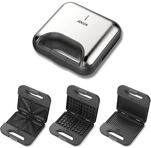 JOCCA - Gofrera Sadwichera Panini con Placas Intercambiables/ 3 en 1/ Acero inoxidable/ Placas antiadherentes/ Cocina gofres, precalienta/ Luz indicadora
