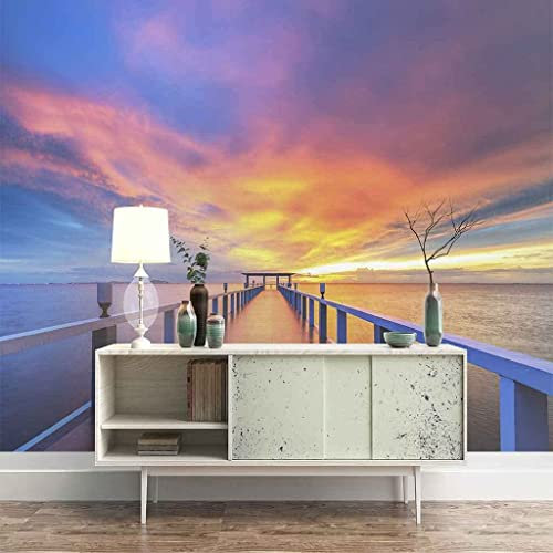 Papier Peint Photo Mural - Coucher De Soleil Pont De Bois Paysage Marin - Papier Peint Peler Et Coller - Peinture Murale Auto-Adhésive 3D - Papier Peint Autocollant Mural 3D Pour Chambre 250x175 cm