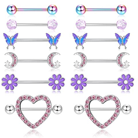 Kakonia 6 Paar 14G Nippelpiercing für Damen 316L Edelstahl Herz Schmetterling Mond CZ Blume Langhantel Brustwarzenpiercing Set Süße Nipple Piercing