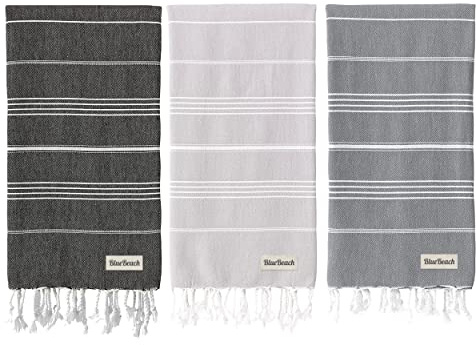 Blue Beach Juego de 3 toallas de playa turcas de 100 x 180 cm, toalla turca grande de Hammam Peshtemal, superabsorbentes, ligeras, compactas para natación, baño, gimnasio, sauna y viajes (gris