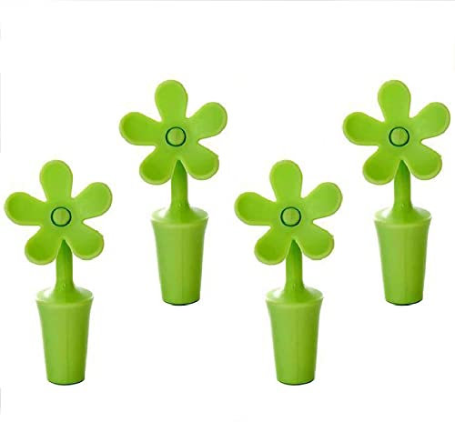 Silicone Wine Stoppers, 4 Pcs Reusable Flower Shape Wine Stopper Bottle Sealers, Funny Decorative Wine Stopper Cap for Beer Champagne Sparkling Wine (Green)