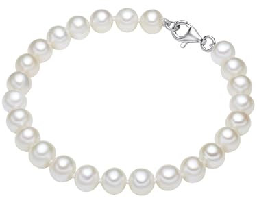 Valero Pearls Damen Perlenarmband Hochwertige Süßwasser-Zuchtperlen 7-8 mm Rund weiß 925 Sterling Silber - Damenarmband mit echten Perlen geknotet