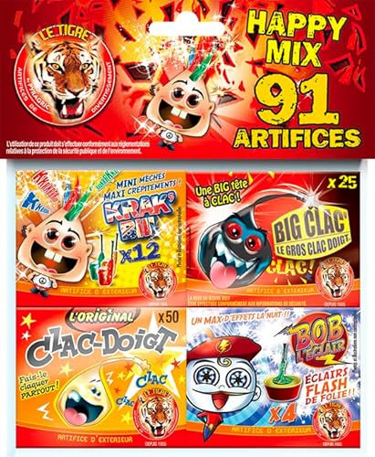 SPARKLERS CLUB Assortiment de PETARDS et Feux d'artifice 4, Clac'Doigts®, Big Clac®, Krak'Bill et Bob l'Eclair, Idéal pour Vos évènements, Effet Ambiance Festive Garantie - Catégorie F1