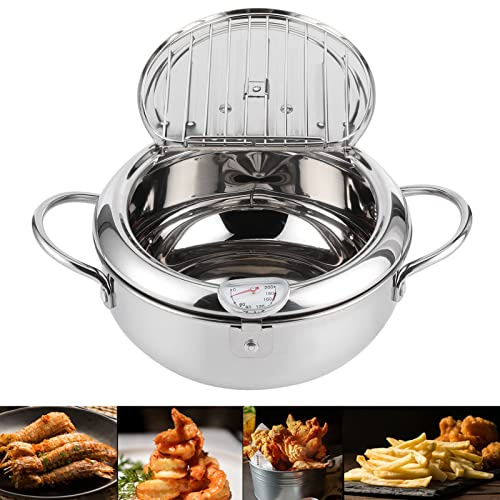 Leopacat Olla Freidora, Olla Japonesa de Tempura Control de Temperatura Freidora Tempura de Acero Inoxidable con Escurridor de Goteo Aceite para Cocina de Gas Pollo Frito Camarones Fritos 24cm