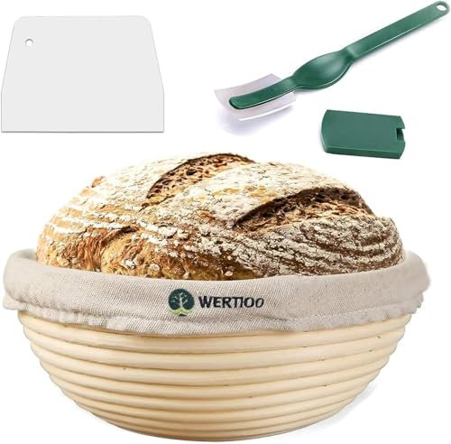 WERTIOO 9 Inch Bread Proofing Basket, WERTIOO Banneton Round Proofing Basket, 100% Natural Rattan Sourdough Proving with Bread Lame, Dough Scraper, Linen Cloth Liner, Baking Supplies