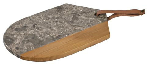 Meubletmoi Tabla de cortar Oval 28 cm de mármol gris y madera de teca – Bandeja de petentación y servicio refinado y resistente – THENA