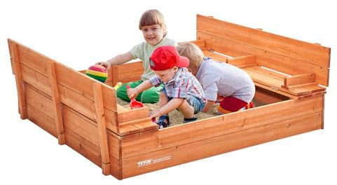 VEVOR Sabbiera in Legno 1330 x 1200 x 430 mm Sabbiera con Panche Pieghevoli e Fondo, Sabbiera per Bambini in Legno Naturale per Cortile all'aperto, Spiaggia, per Ragazzi e Ragazze dai 3 ai 12 Anni