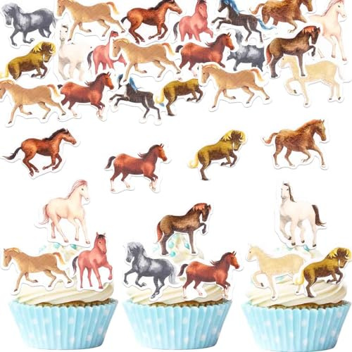 ENLACE Essbare Tortendeko Pferd Geburtstagsdeko,48 Stück Essbare Pferd Cupcake Topper,Tortenaufleger Pferde Muffin Deko,Esspapier Pferde Kuchen Deko für Kindergeburtstag Babyparty Hochzeit