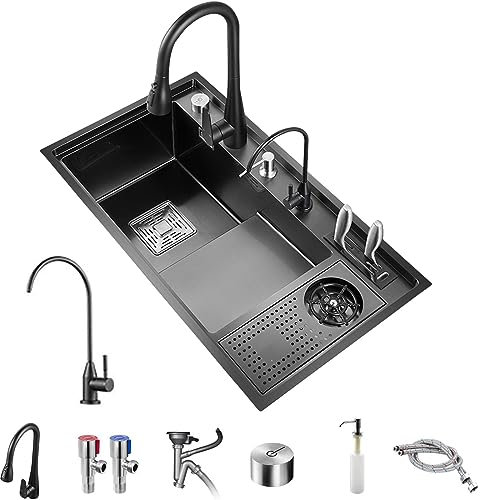 USMCPQVXN Évier de Cuisine Évier de Bar En Acier Inoxydable, Évier À Une Cuve À Gradins, Installation Encastrée Ou Sous Plan Éviers de Cuisine Avec Lave-Vaisselle/Noir/82 * 46Cm