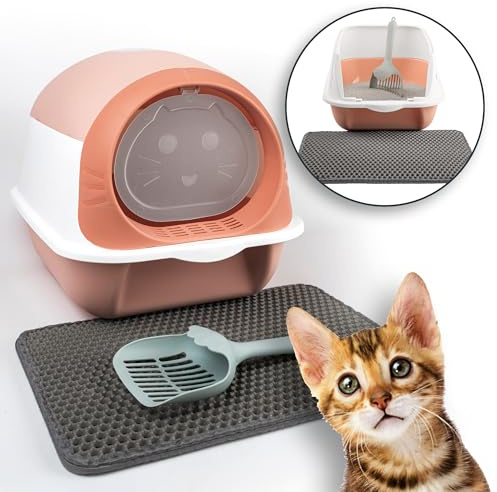 LINUMA® Katzenklo geschlossen und offen mit Deckel – Große Katzentoilette mit hohem Rand, Streumatte, Aktivkohlefilter & Schaufel – Leicht zu reinigen für Katzen (pink) Katze