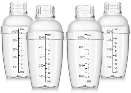 Geroosaty 4 Pcs Plastic Cocktail Shaker Hand Drink Mixer Shaker with Scales and Strainer Top Clear Shaker Cup with Measurements