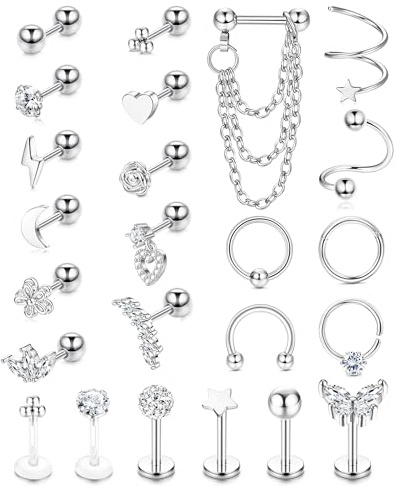 JeweBella 24 Stück 16G Chirurgenstahl Helix Piercings Silber Gold Hypoallergene Piercing Ohr Knorpel Ohrringe Damen Ohrstecker Creolen Set Nase Lippen Clicker Ring Conch Tragus Piercing Schmuck