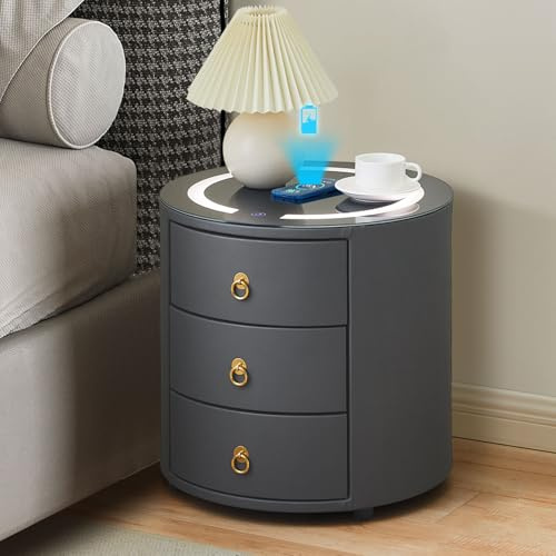ZBAOLTO Nachttisch mit Ladefunktion, mit LED, 46×46×46cm, grau | Intelligenter Nightstand durch Berührung einstellbar, 3 Schubladen, Kunstlederoberfläche, Schlafzimmer Nachtschrank,