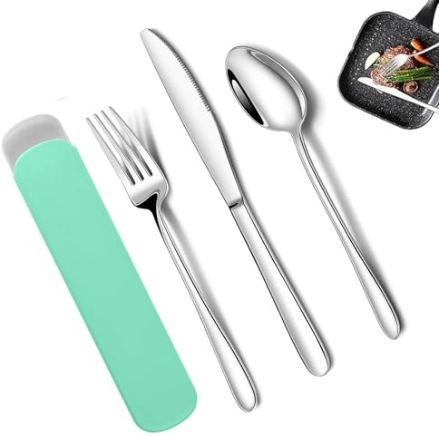 MZOYOURO 3 PCS Cutlery Set, Reusable Stainless Steel Flatware, Portable Utensils for Outdoor Travel Picnic Office Lunch Box - Green