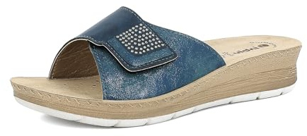 inblu Femme Ciabatte Donna A Fascia Con Chiusura A Strappo Regolabile E Strass, Plantare in Vera Pelle Sandale Glissante, Bleu, 39 EU