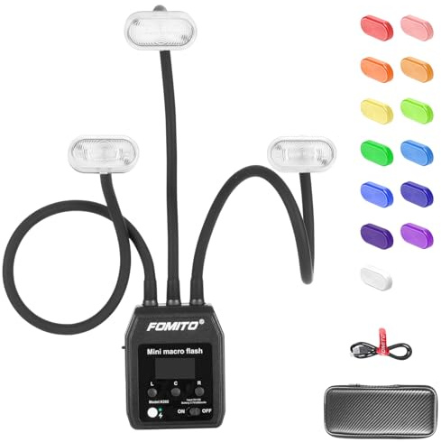 Fomito Mini-Makro-Blitzschuh, Einzelkontakt-Blitzschuh, Dreikopf mit 13 Diffusoren und Typ-C-Kabel, 8 einstellbare Helligkeitsstufen, 9-Stop-LED-Lichteffekt, eingebauter 3,7 V/2000 mAh Akku – 44,5 cm