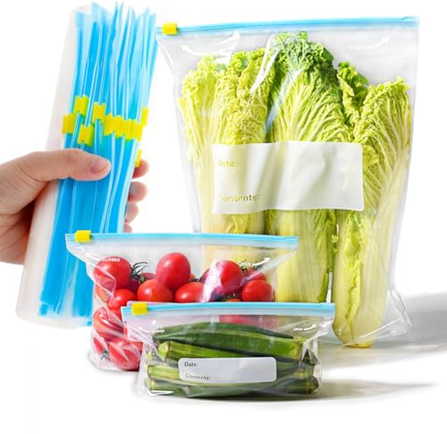 SHSMPXOY 50 PCS Freezer Bags Zip Lock Bags Food Reusable Sandwich Bags (3.5L,1L,0.5L) Ziplock Snack Bag BPA Free Fresher for Longer Food Bag for Fruits, Meat, Grains, Vegetables, Candies,Snacks
