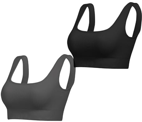 Lemef Sport-BH för kvinnor fyrkantig hals ribbad bralette sömlös medium stöd yoga magtank träningstoppar ingen vadderad, Svart och grått, L