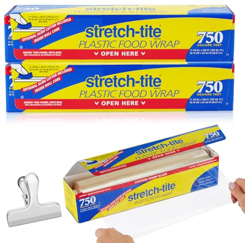 Stretch Tite Plastic Wrap For Food With Slide Cutter 750 Sq. Ft 11 7/8 Inch. Pack Of 2 With a Scooply Bag Clip