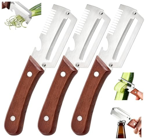 KutaKuta Set 3 Pelapatate Multifunzione, 3 in 1 Sbucciare Frutta e Verdura, Tagliare Julienne, Aprire Barattoli, Coltello Pelapatate Multifunzione con Manico per Zucche, Patate e Carote