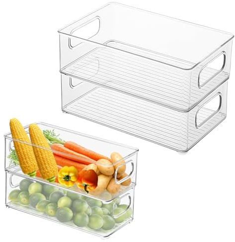 PRITOK Set di 4 contenitori impilabili per frigorifero, con manico, contenitori trasparenti per alimenti per frigorifero e armadio da cucina