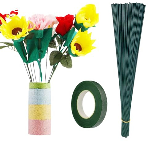 150 Stück Blumendraht Set (2mm×30cm, Grün) mit 1 Rolle Floristenband - Perfekt für DIY Blumensträuße, Kränze & Kunsthandwerk