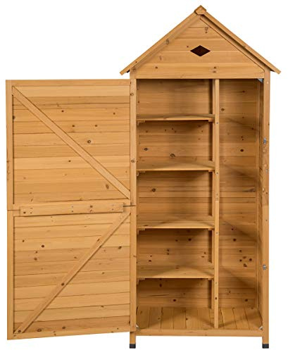 GOPLUS Abri de Jardin en Bois de Sapin 5 Étagère avec Porte Verrouillable, 70 x 45 x 160 CM, Cabane de Jardin Extérieur pour Outils, Toit Galvanisée Imperméable, Pieds Surélevé pour Terrasse, Naturel